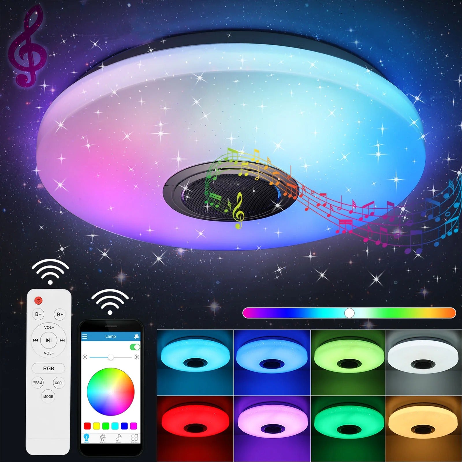 Moderne LED Plafondlamp met Bluetooth Speaker – Ø50 cm – 60W RGB en Dimbaar met Afstandsbediening en App – Sterrenhemel Effect voor Woonkamer en Slaapkamer