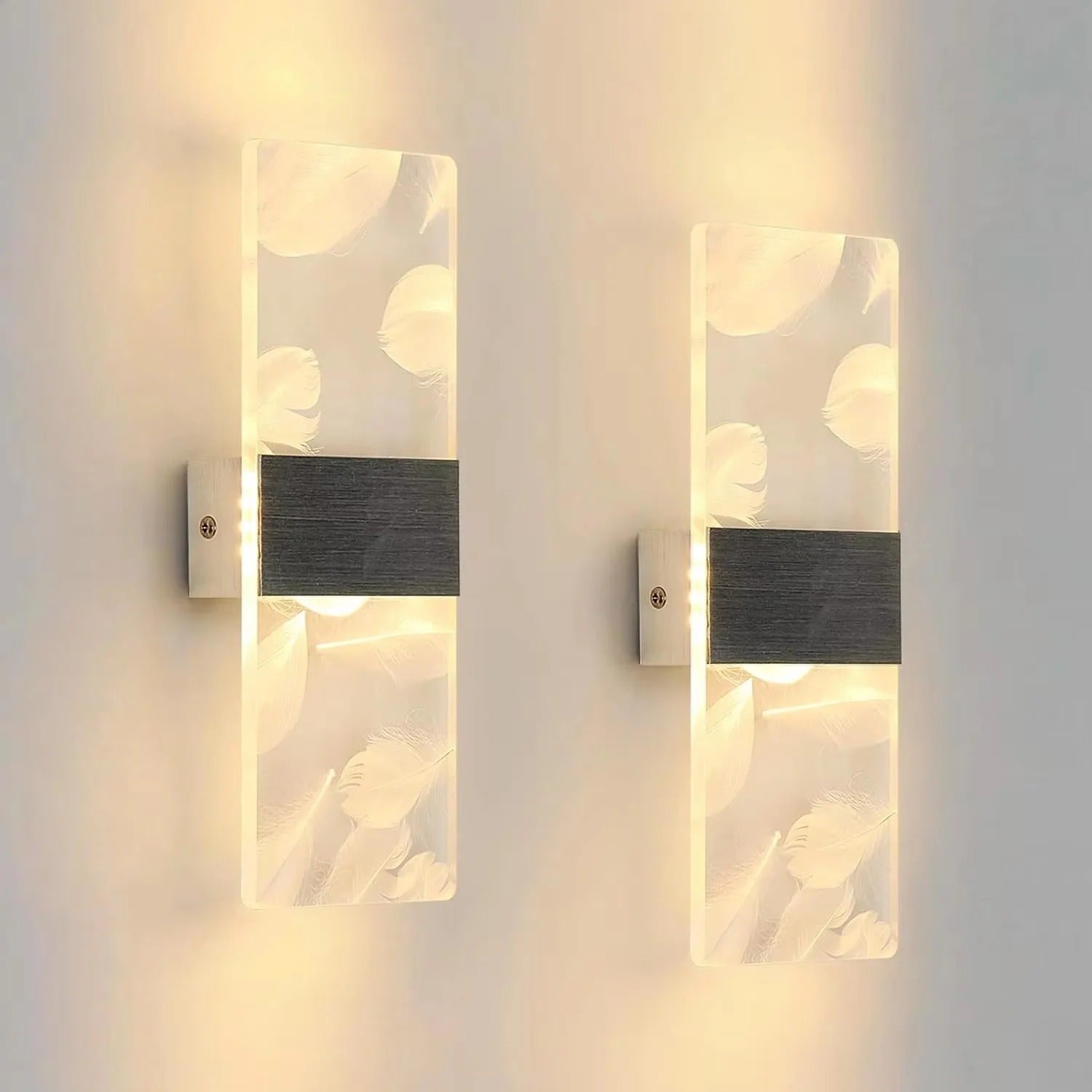 Set van 2 Moderne LED Wandlampen – 12W Rechthoekig Acryl – Warm Wit 3000K – Zilver/Zwart – Binnenverlichting voor Woonkamer, Slaapkamer en Gang