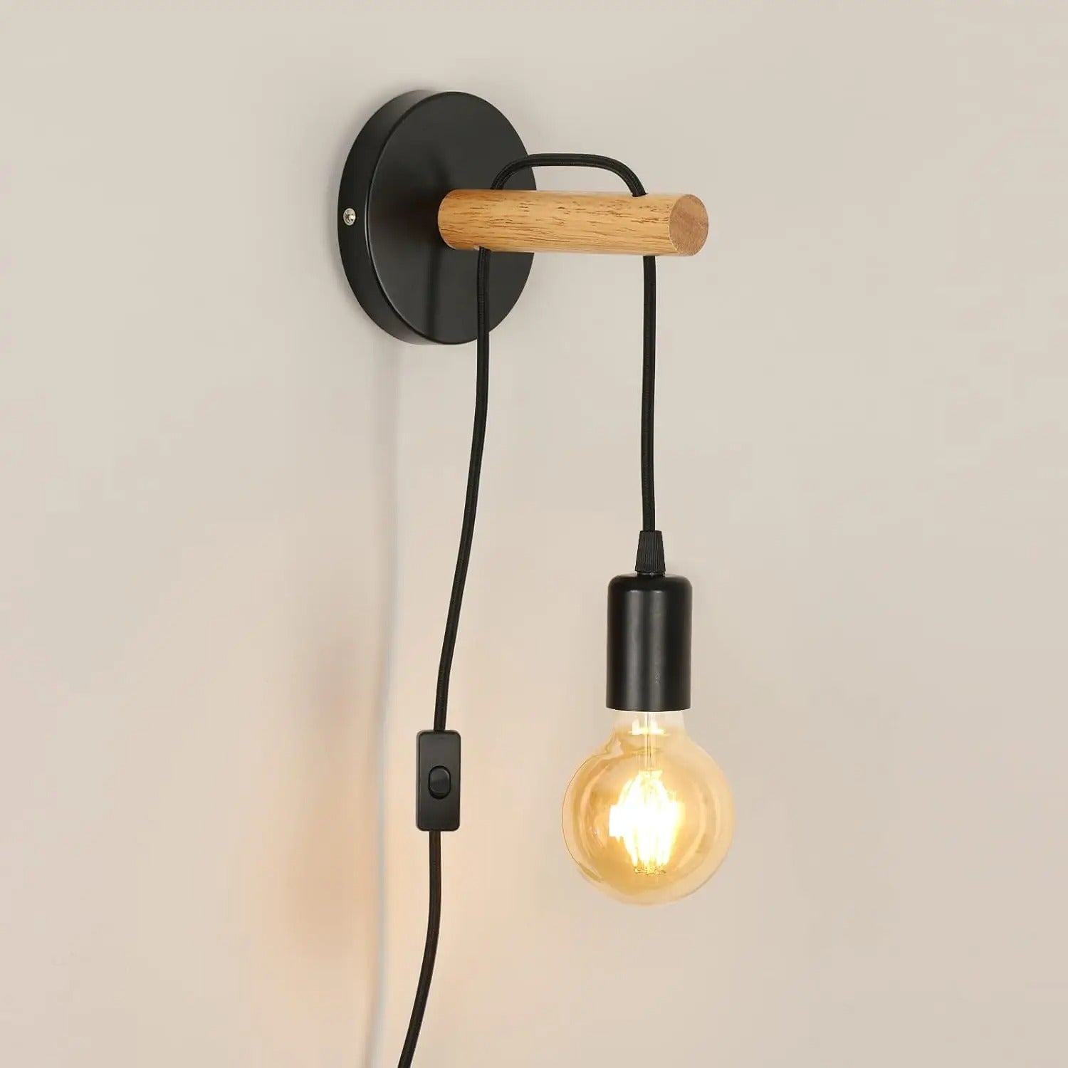 Vintage Industriële Wandlamp met Houten Arm – E27 Fitting met Schakelaar en Stekker – Plug-in Wandverlichting voor Slaapkamer, Hal en Woonkamer