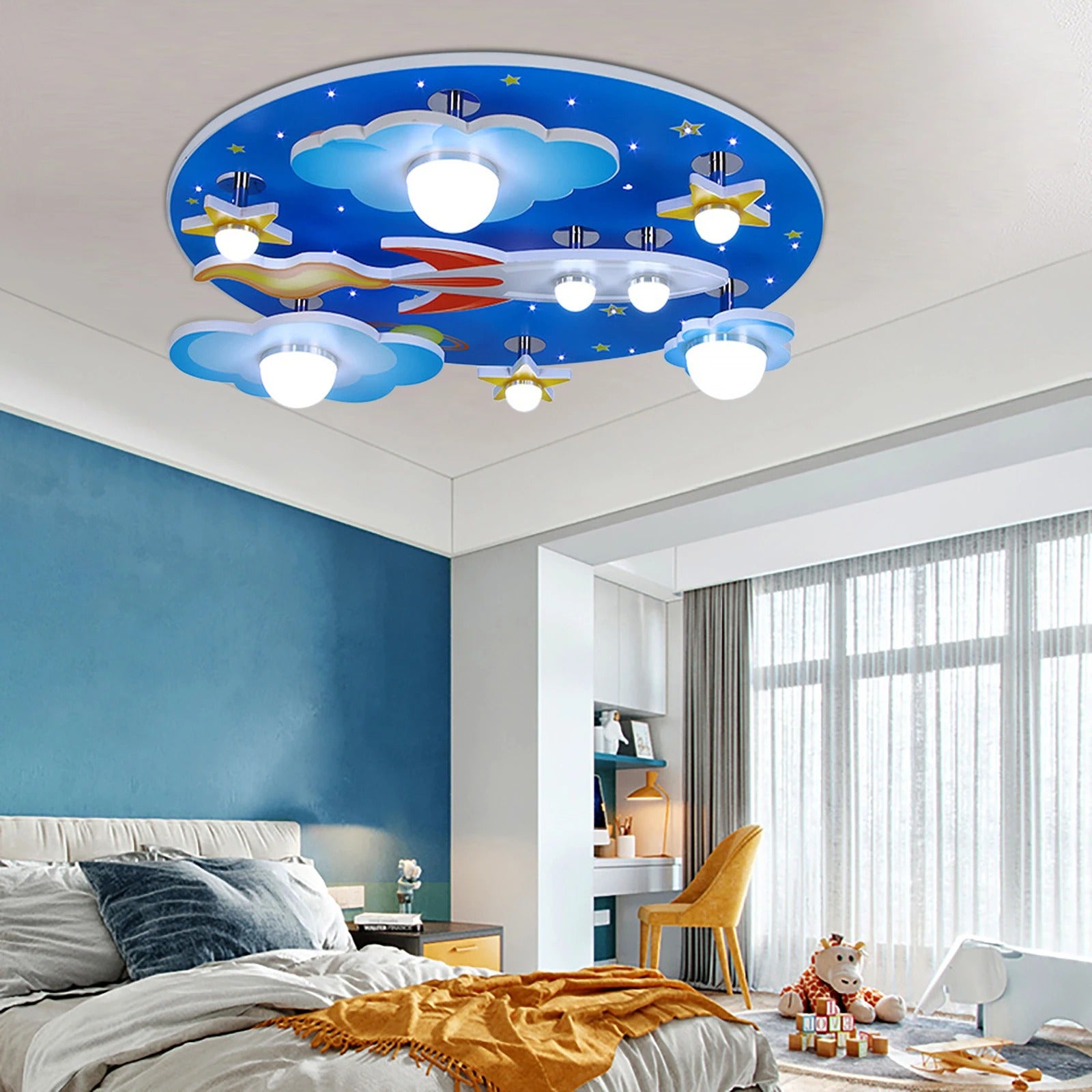 Kinderkamer LED Plafondlamp – Cartoon Ruimte Design Blauw – 35W Dimbaar met Afstandsbediening voor Slaap- en Speelkamer