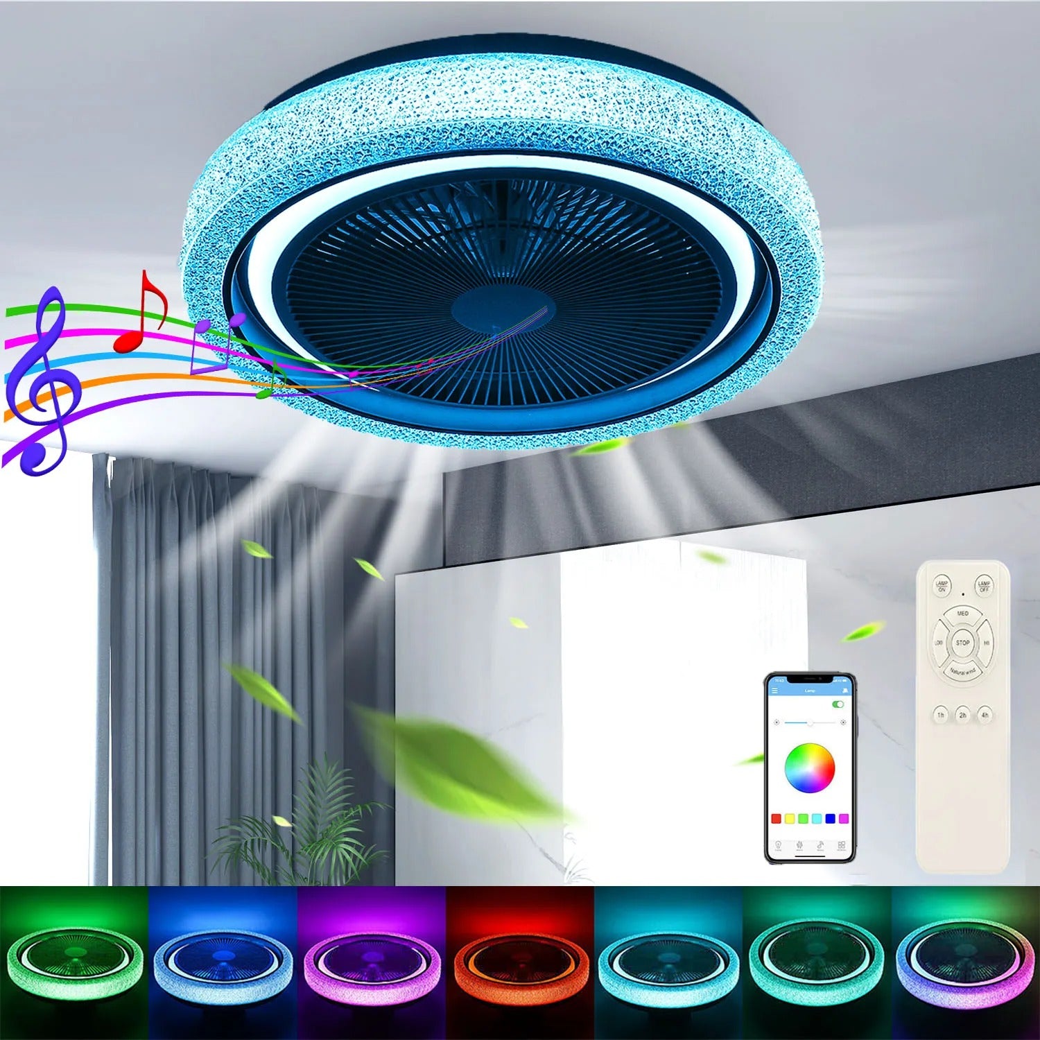 50W Bluetooth LED Plafondventilator met RGB Verlichting en Muziekfunctie – Dimbare Ventilatorlamp met Speaker, App en Afstandsbediening voor Woonkamer en Slaapkamer