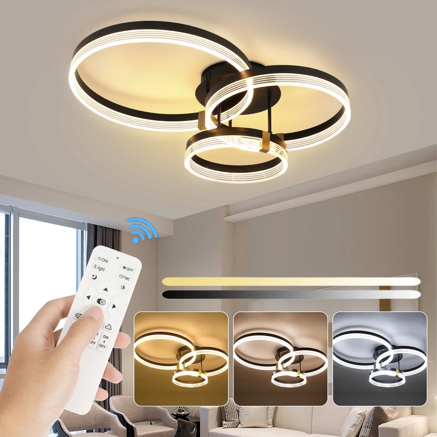 Moderne LED Plafondlamp – 3-Ring Design – 42W Dimbaar 3000K–6500K met Afstandsbediening – Zwarte Design Plafondverlichting voor Woonkamer en Slaapkamer