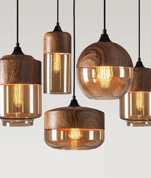 Nordic LED Hanglamp – Moderne Glas & Houten Plafondlamp voor Woonkamer, Slaapkamer & Eetkamer