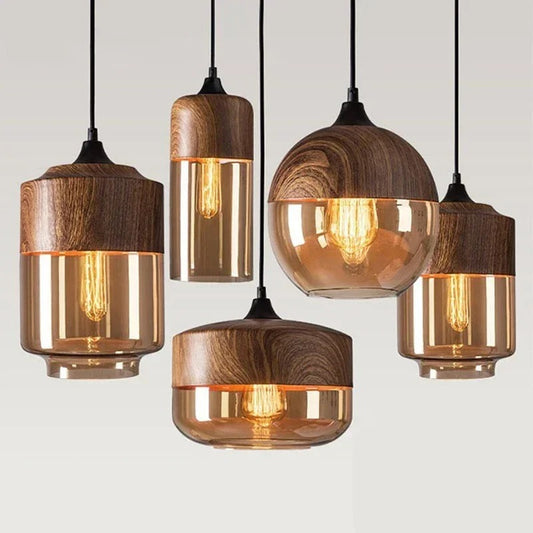 Nordic LED Hanglamp – Moderne Glas & Houten Plafondlamp voor Woonkamer, Slaapkamer & Eetkamer