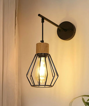 Vintage Industriële Wandlamp – Zwart Metalen Wandverlichting met Houtaccent en E27 Fitting – Retro Design voor Interieur