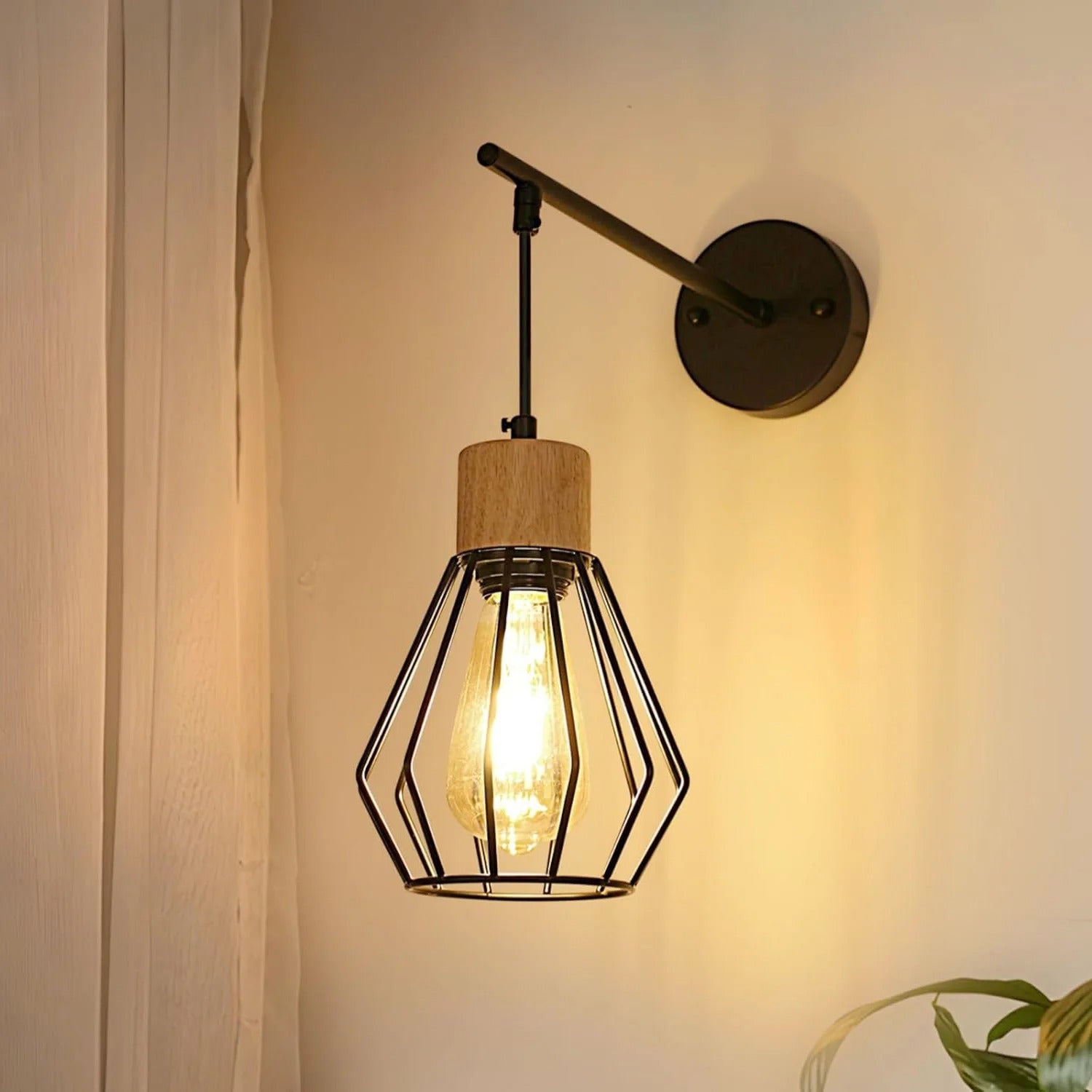Vintage Industriële Wandlamp – Zwart Metalen Wandverlichting met Houtaccent en E27 Fitting – Retro Design voor Interieur
