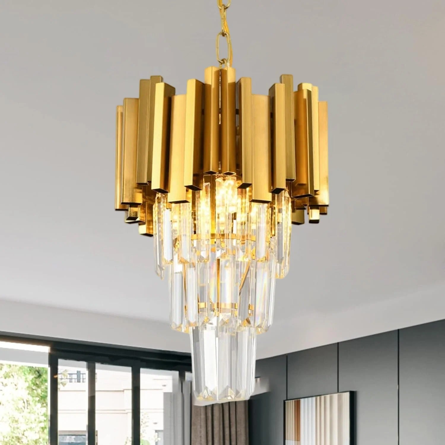 Gouden Kristallen Hanglamp – Moderne 3-lichts Plafondlamp van Metaal met K9 Kristallen en E14 Fittingen – Luxe Design voor Eetkamer, Keuken en Entree