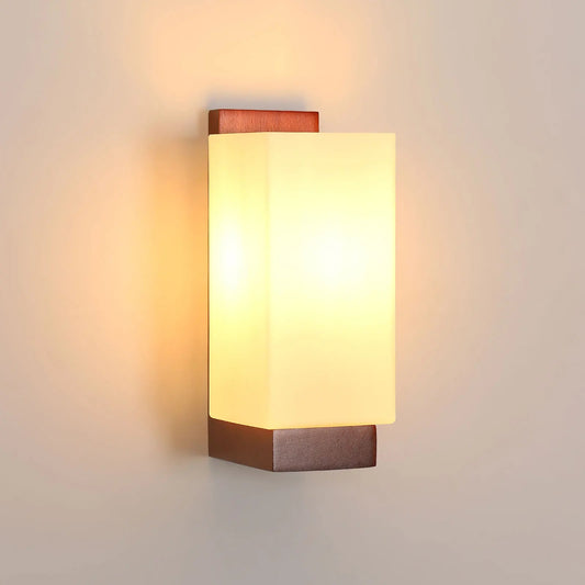 Vintage Houten Wandlamp – Glazen Lampenkap met E27 Fitting – Sfeervolle Wandverlichting voor Gang, Slaapkamer & Eetkamer