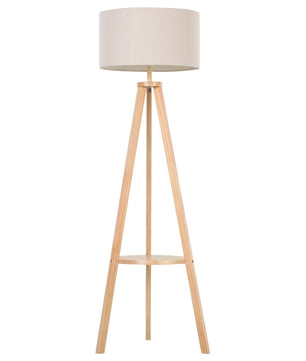 Houten Vloerlamp met Stoffen Kap en Tripod Basis – Staande Lamp met Plank – Modern Design 154 cm voor Woonkamer en Slaapkamer