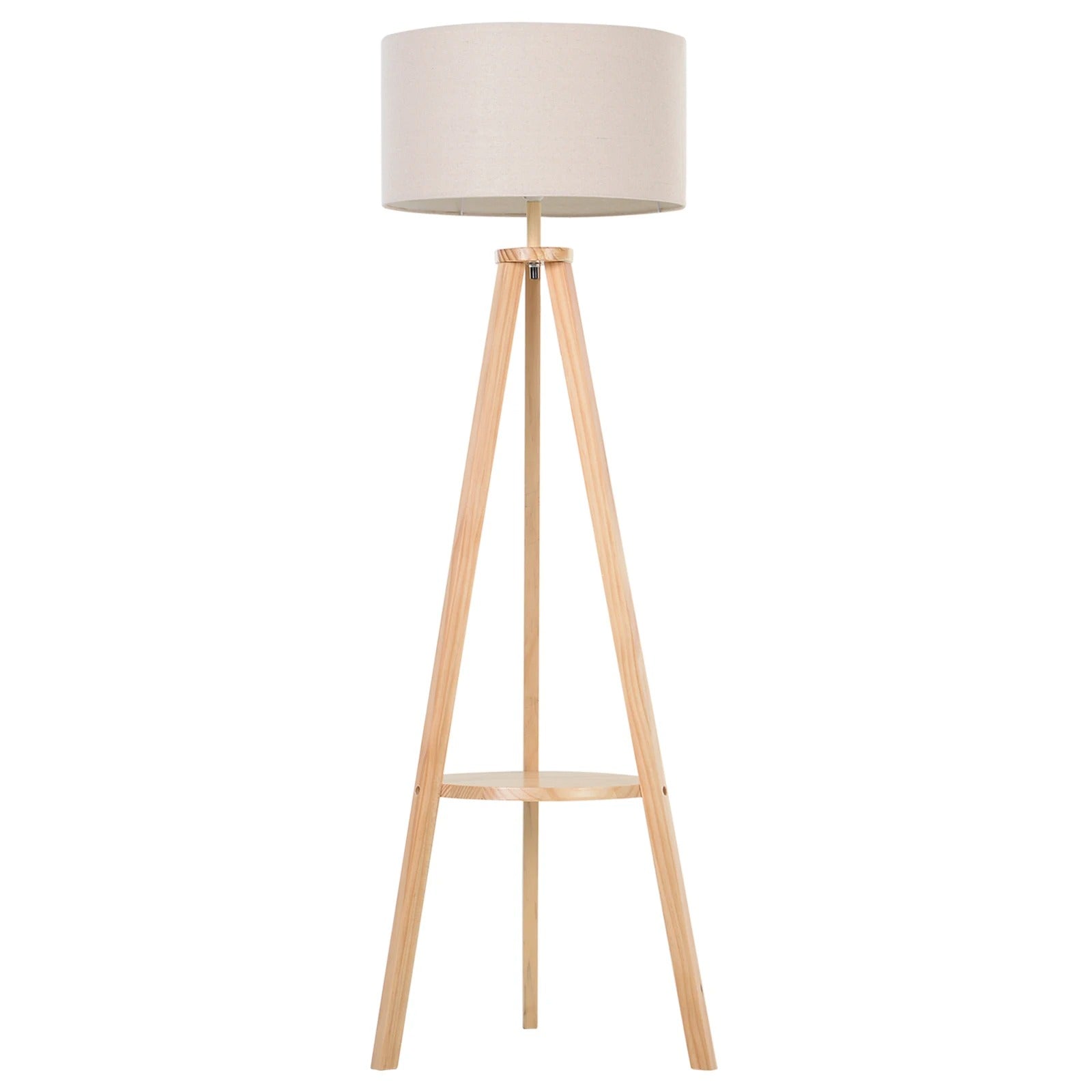 Houten Vloerlamp met Stoffen Kap en Tripod Basis – Staande Lamp met Plank – Modern Design 154 cm voor Woonkamer en Slaapkamer