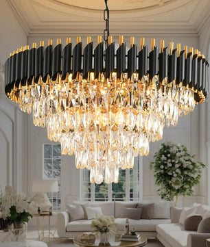 Moderne Kristallen Kroonluchter – 6-Laags Ronde Hanglamp in Zwart en Goud met K9 Kristallen