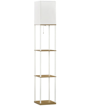 Moderne Houten Vloerlamp met 3 Planken – Staande Lamp met Stoffen Kap en E27 Fitting – Sfeerverlichting en Opbergruimte voor Woonkamer en Slaapkamer