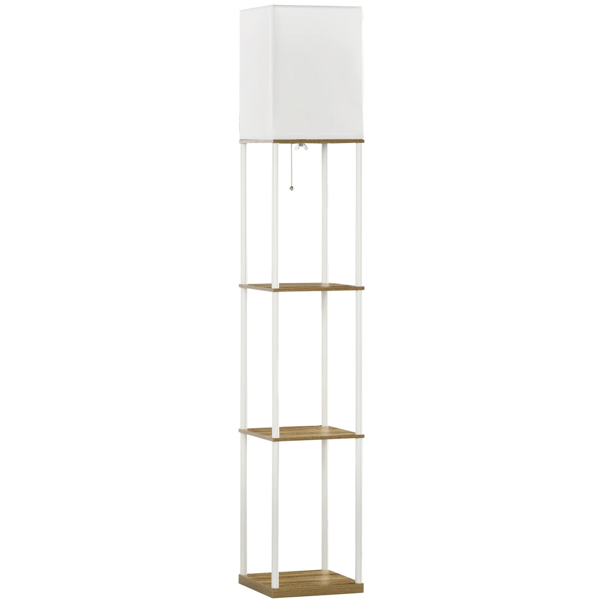 Moderne Houten Vloerlamp met 3 Planken – Staande Lamp met Stoffen Kap en E27 Fitting – Sfeerverlichting en Opbergruimte voor Woonkamer en Slaapkamer