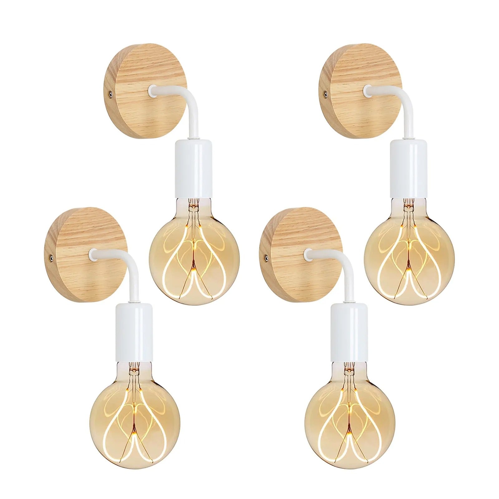 Set van 4 Vintage Industriële Wandlampen – Zwart IJzer met Hout – E27 Fitting – Binnenverlichting voor Woonkamer, Gang en Eetkamer