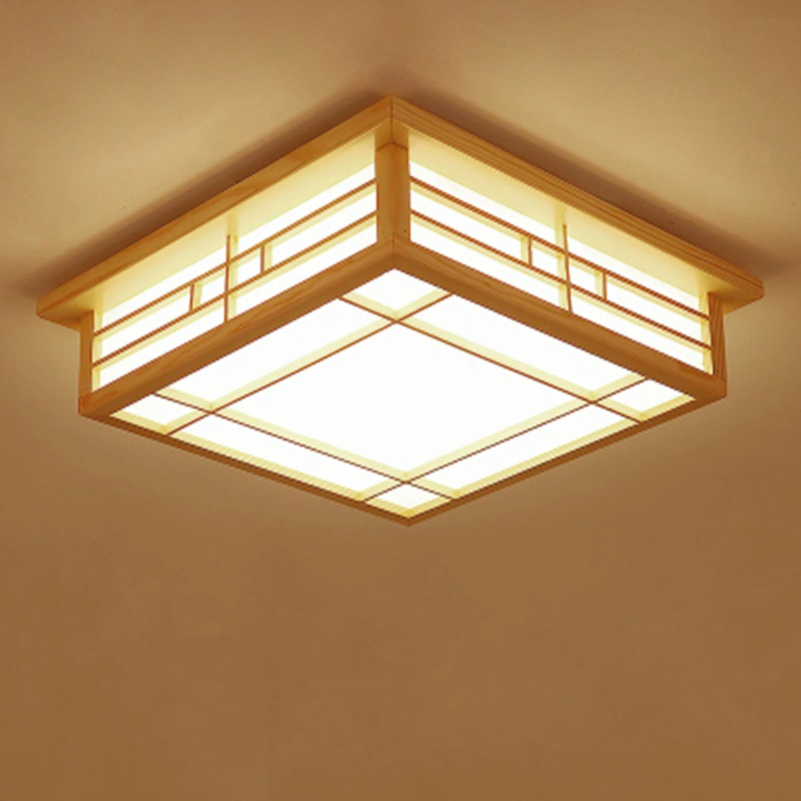 Plafondlamp met Grenenhout en PVC Kap – Vierkant Design – 16W LED Warm Wit 3500K voor Woonkamer, Slaapkamer en Eetkamer
