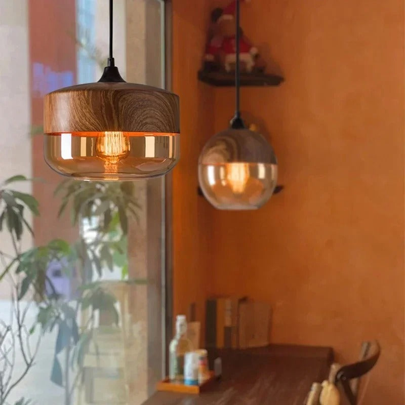 Nordic LED Hanglamp – Moderne Glas & Houten Plafondlamp voor Woonkamer, Slaapkamer & Eetkamer