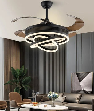Nordic LED Plafondventilator 42 inch – Moderne Ventilatorlamp met Intrekbare Bladen, Kristalafwerking en Afstandsbediening – Stil en Dimbaar voor Woonkamer en Slaapkamer