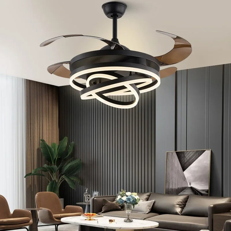 Nordic LED Plafondventilator 42 inch – Moderne Ventilatorlamp met Intrekbare Bladen, Kristalafwerking en Afstandsbediening – Stil en Dimbaar voor Woonkamer en Slaapkamer
