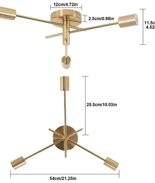Gouden Plafondlamp met 3 E27 Fittingen – Retro Industriële Plafondverlichting van Smeedijzer voor Woonkamer, Slaapkamer en Gang