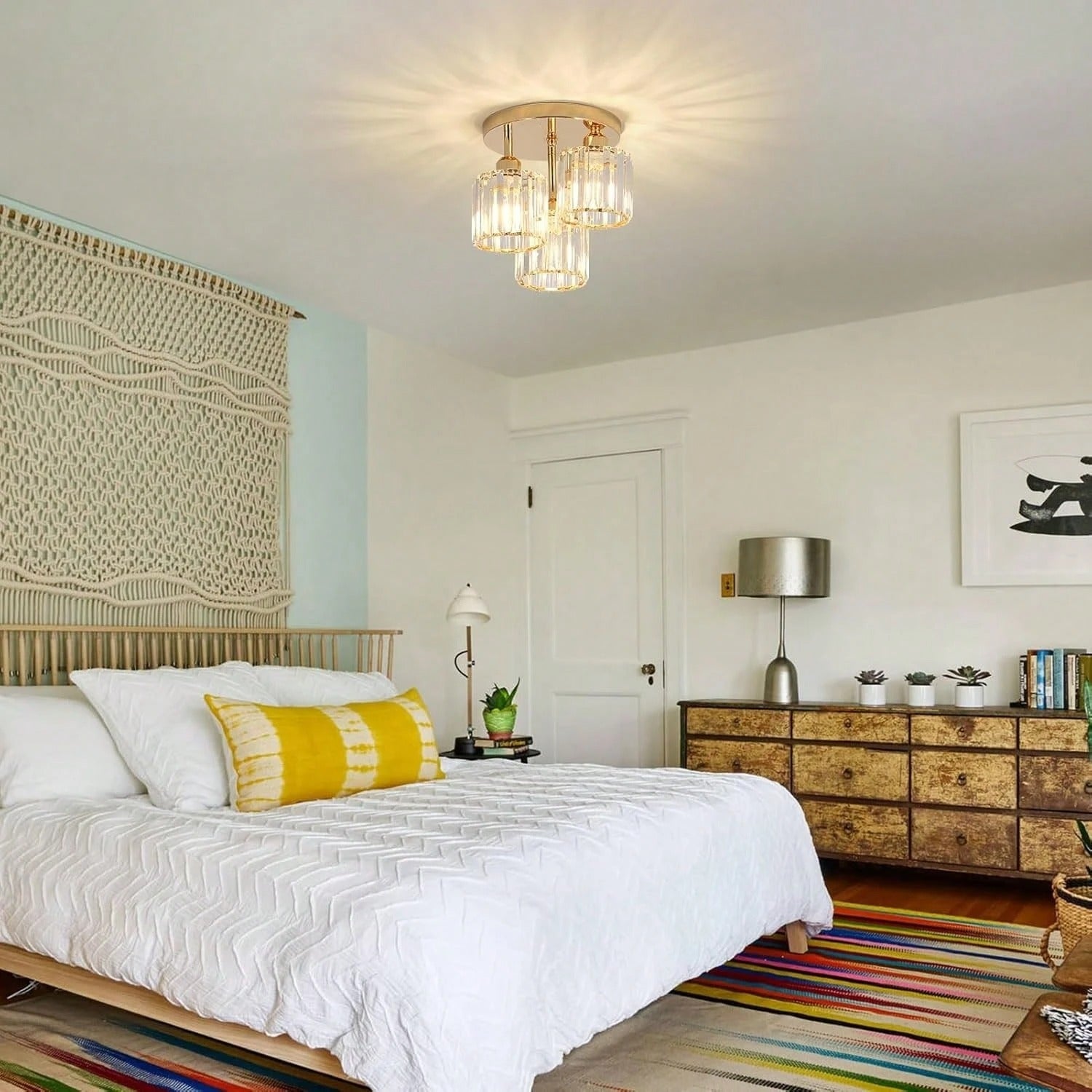 Moderne Gouden Plafondlamp – 3-Lichts Semi-Inbouw met Kristalglas voor Keuken en Woonkamer