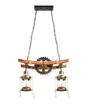 Vintage 2-Lichts Hanglamp – Houten Kroonluchter met Tandwiel Design – Rustieke Industriële Plafondlamp met E27 Fittingen