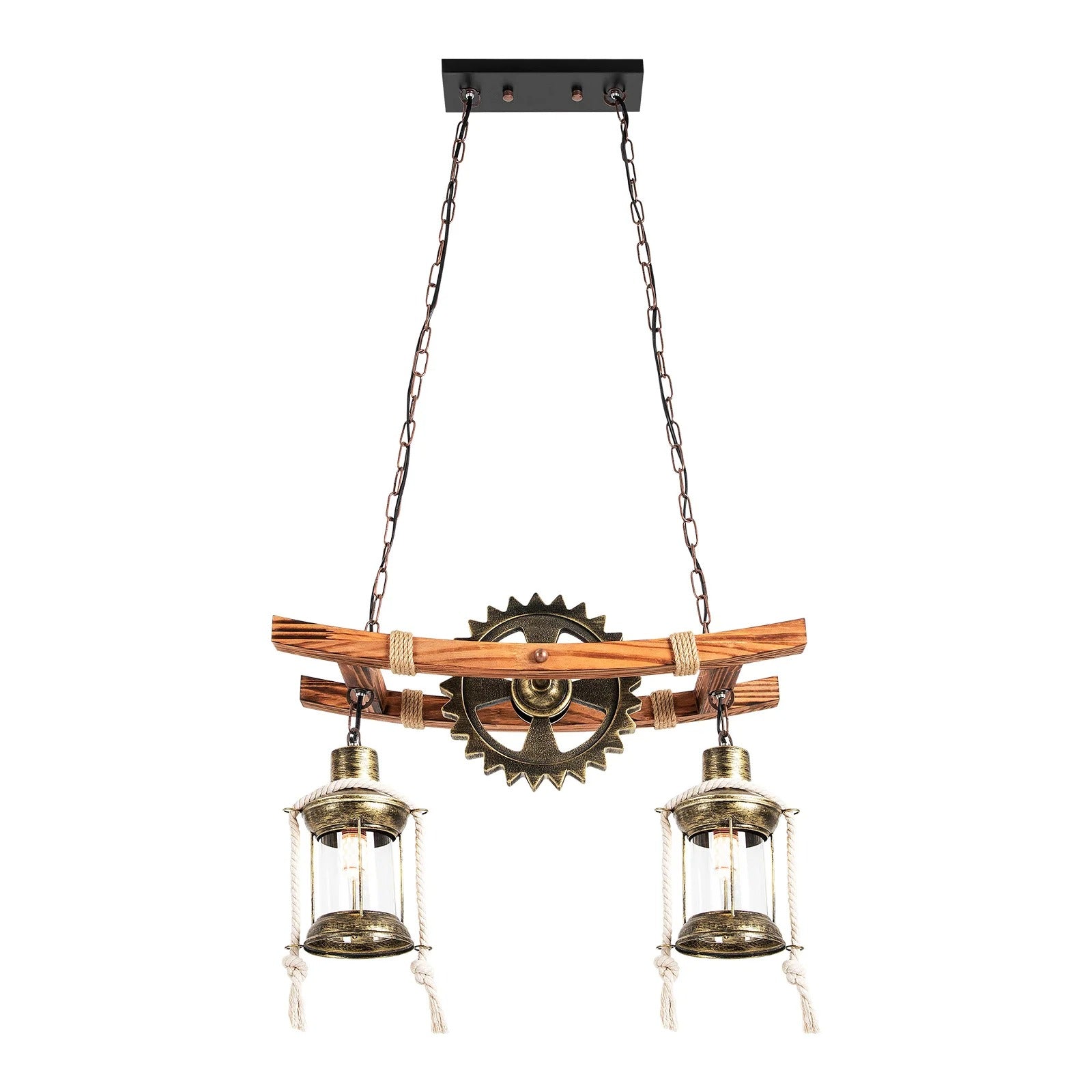 Vintage 2-Lichts Hanglamp – Houten Kroonluchter met Tandwiel Design – Rustieke Industriële Plafondlamp met E27 Fittingen