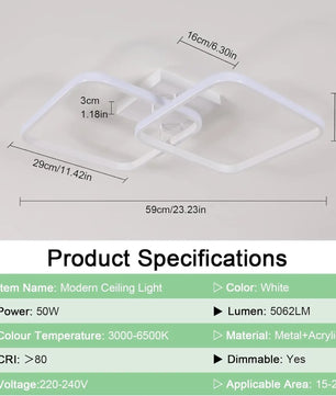 Moderne Vierkante LED Plafondlamp – 50W Dimbaar met Afstandsbediening – Instelbaar 3000K–6500K voor Woonkamer en Slaapkamer