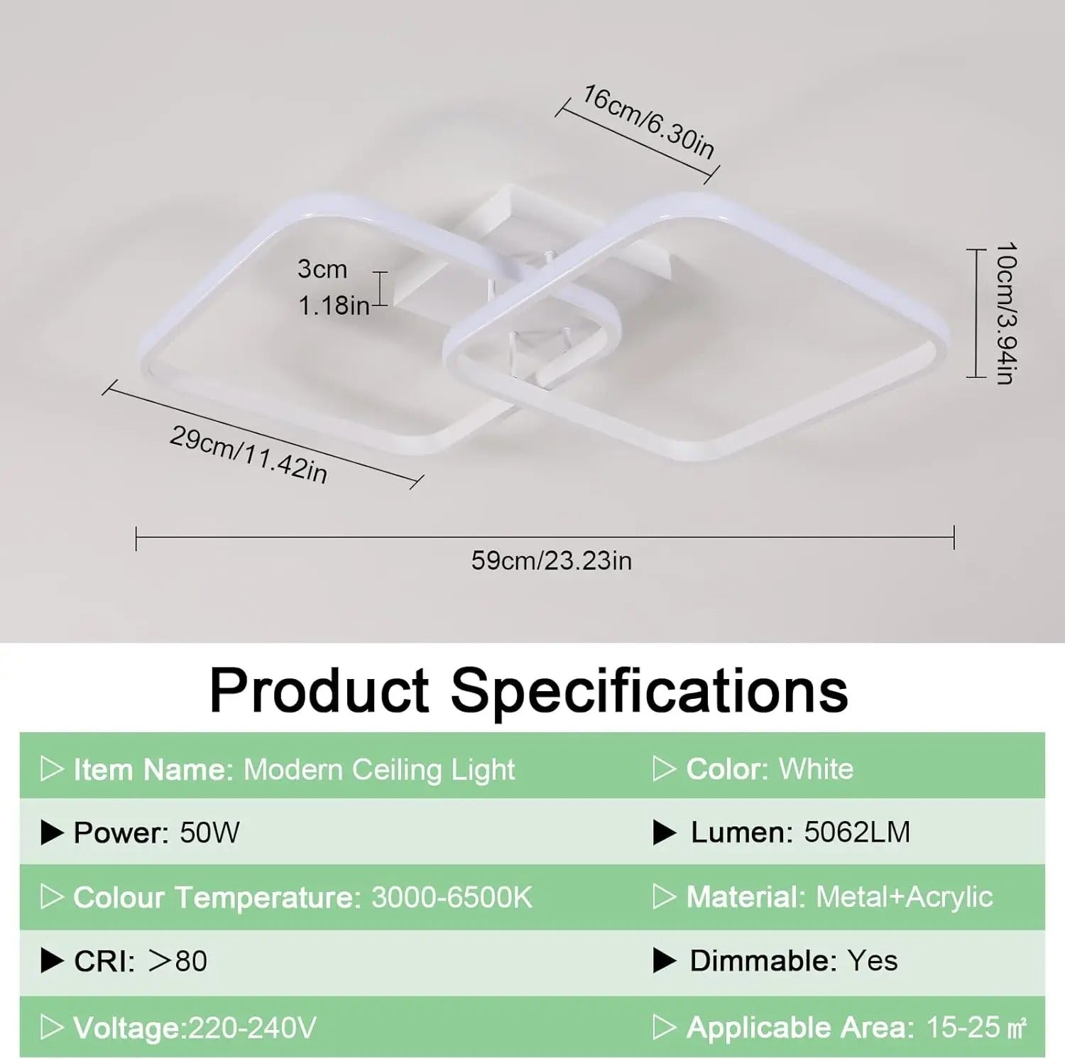 Moderne Vierkante LED Plafondlamp – 50W Dimbaar met Afstandsbediening – Instelbaar 3000K–6500K voor Woonkamer en Slaapkamer