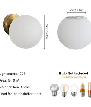 Moderne Wandlamp – E27 Bolvormige Wandverlichting met Glazen Kap 15 cm voor Slaapkamer, Woonkamer en Hal