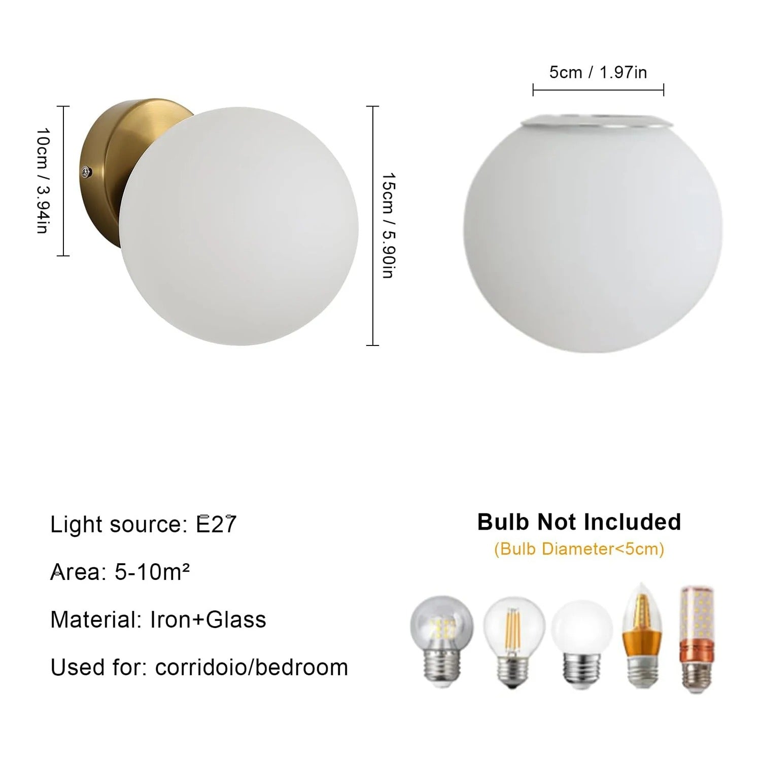 Moderne Wandlamp – E27 Bolvormige Wandverlichting met Glazen Kap 15 cm voor Slaapkamer, Woonkamer en Hal
