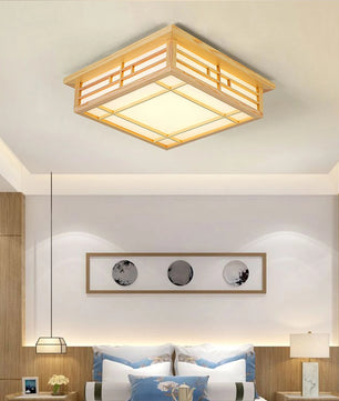 Plafondlamp met Grenenhout en PVC Kap – Vierkant Design – 16W LED Warm Wit 3500K voor Woonkamer, Slaapkamer en Eetkamer