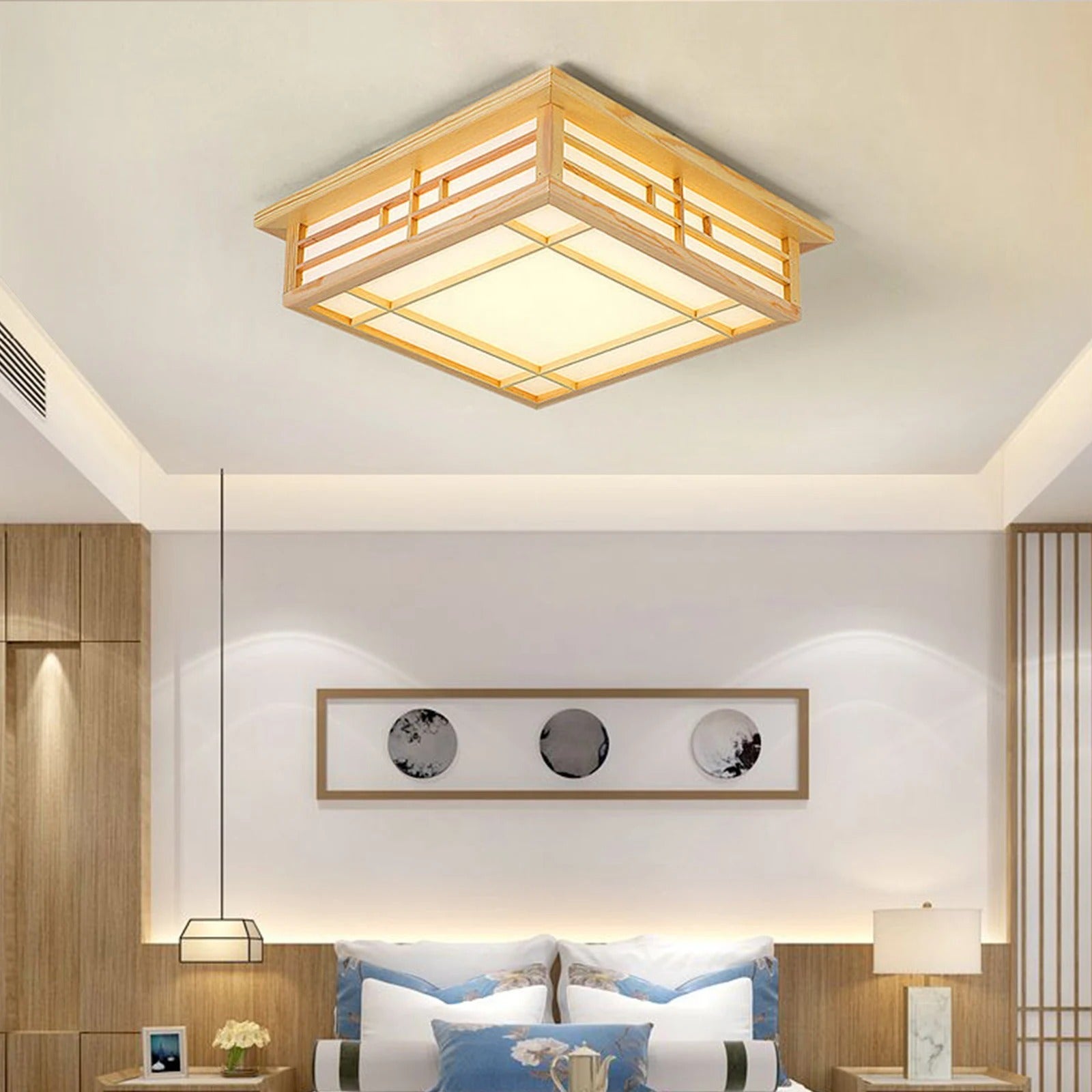 Plafondlamp met Grenenhout en PVC Kap – Vierkant Design – 16W LED Warm Wit 3500K voor Woonkamer, Slaapkamer en Eetkamer
