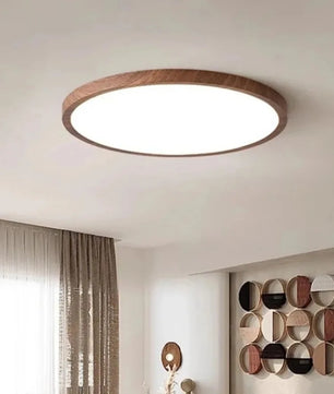 Ultradunne Ronde LED Plafondlamp met Houtnerf – Walnootlook – 24W Ø30 cm – Driekleurig Licht voor Woonkamer en Slaapkamer
