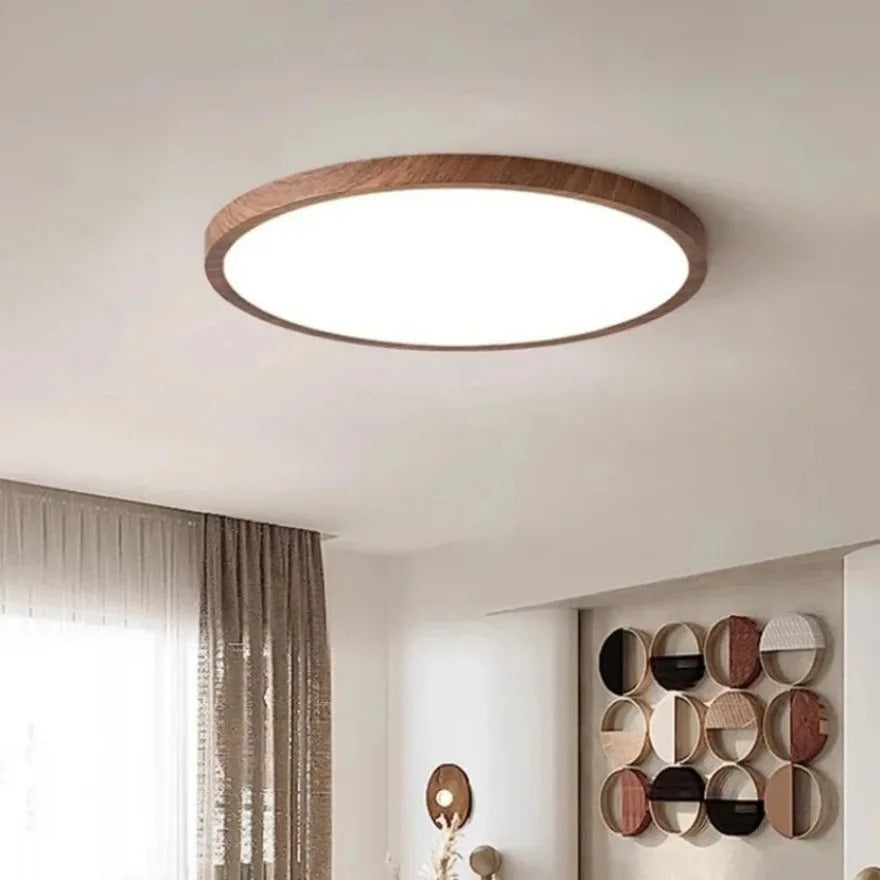 Ultradunne Ronde LED Plafondlamp met Houtnerf – Walnootlook – 24W Ø30 cm – Driekleurig Licht voor Woonkamer en Slaapkamer
