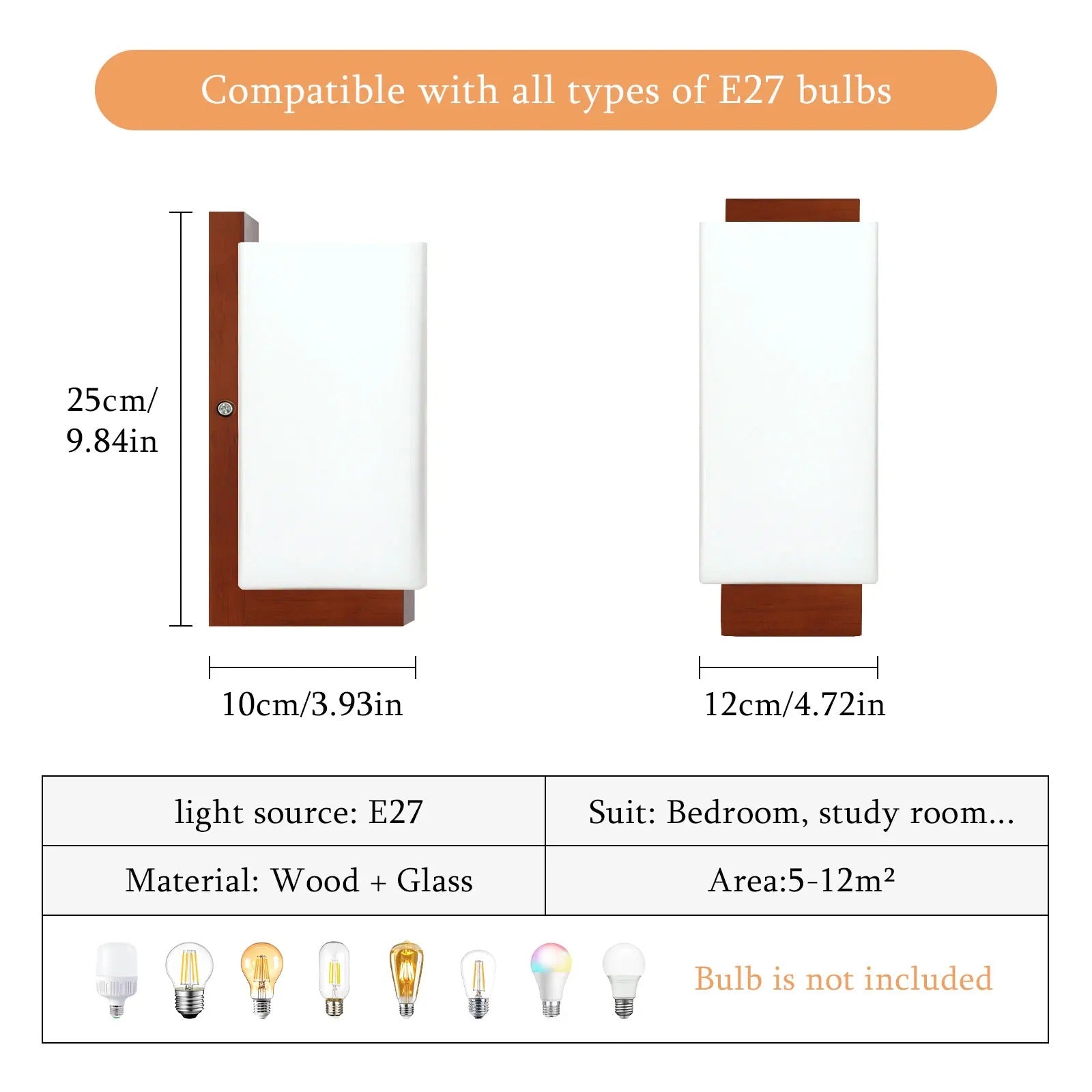 Vintage Houten Wandlamp – Glazen Lampenkap met E27 Fitting – Sfeervolle Wandverlichting voor Gang, Slaapkamer & Eetkamer