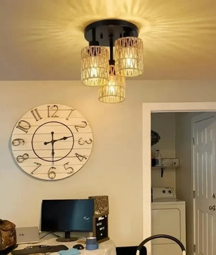 Handgemaakte Rotan Plafondlamp – Boho Geweven Kroonluchter van Rotan en Hennep – E27 Fitting voor Woonkamer, Eetkamer en Slaapkamer