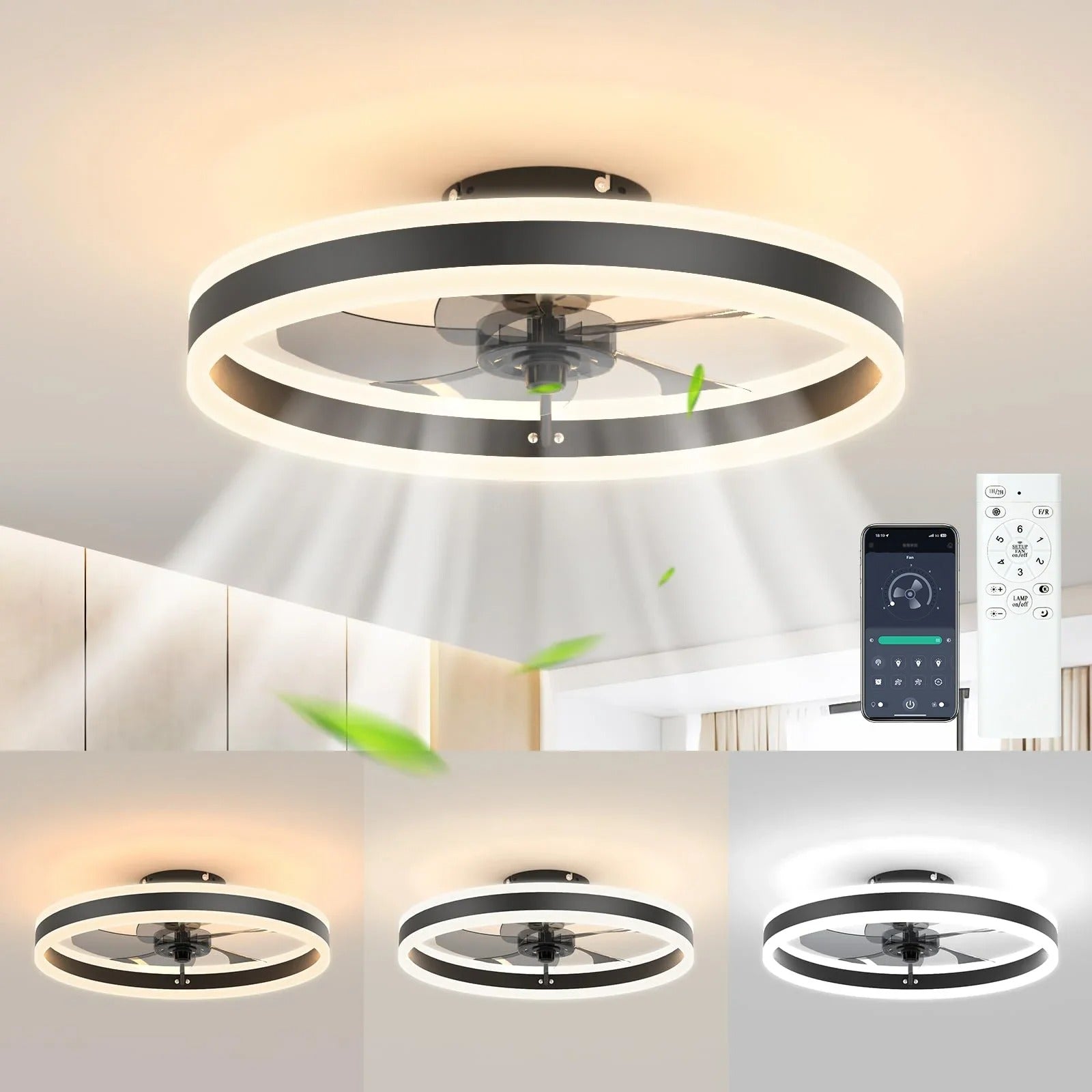 Moderne LED Plafondventilator – Stille Ventilatorlamp met Dimbare Verlichting, Omkeerbare Motor en Afstandsbediening voor Slaapkamer en Woonkamer