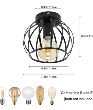 Vintage Industriële Plafondlamp – Zwarte Semi-Inbouw Kooi Lamp met E27 Fitting