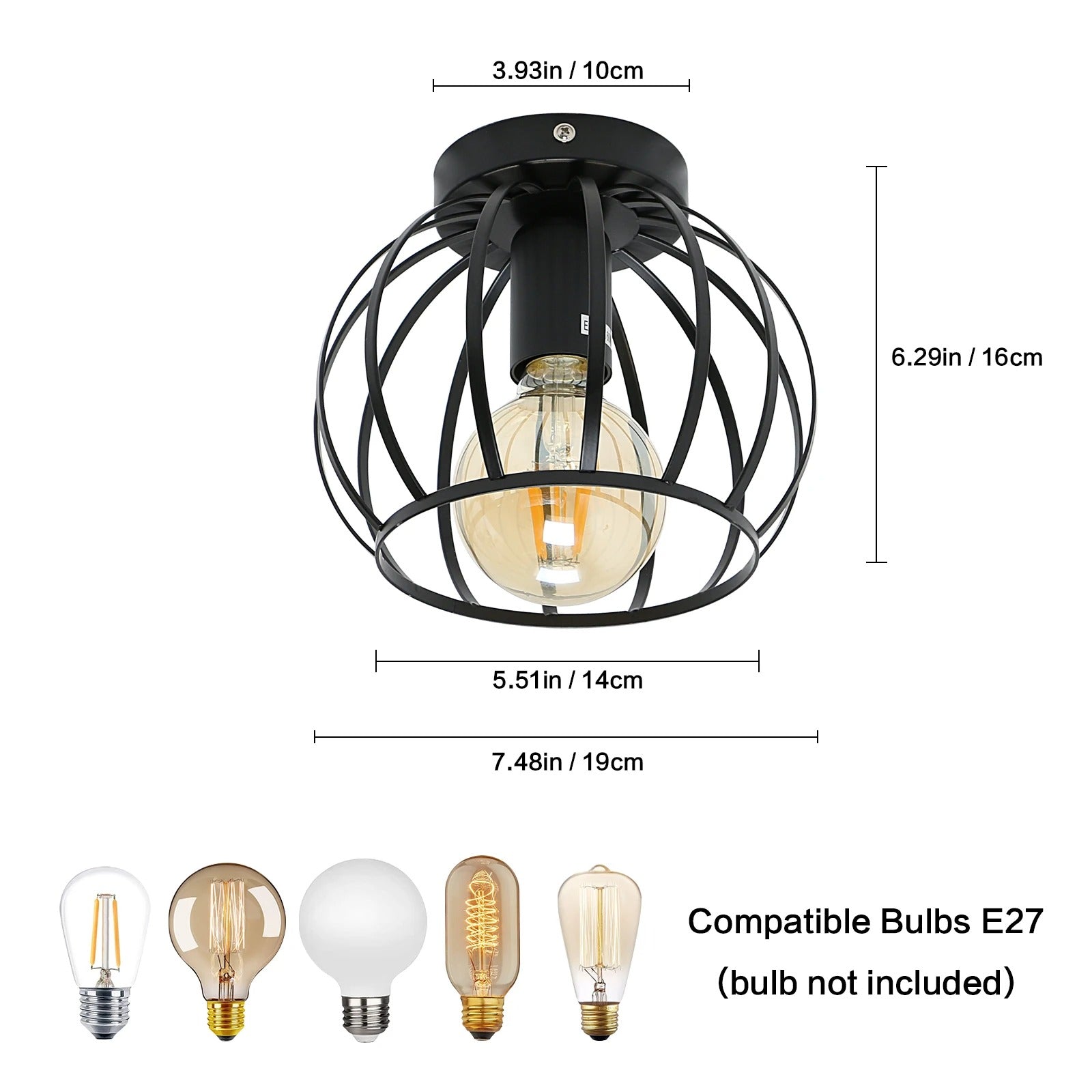 Vintage Industriële Plafondlamp – Zwarte Semi-Inbouw Kooi Lamp met E27 Fitting