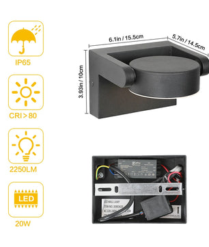 Moderne LED Wandlamp – 20W Binnen en Buiten – Draaibaar LED Paneel – Warm Wit 3000K – Zwart Aluminium – IP65