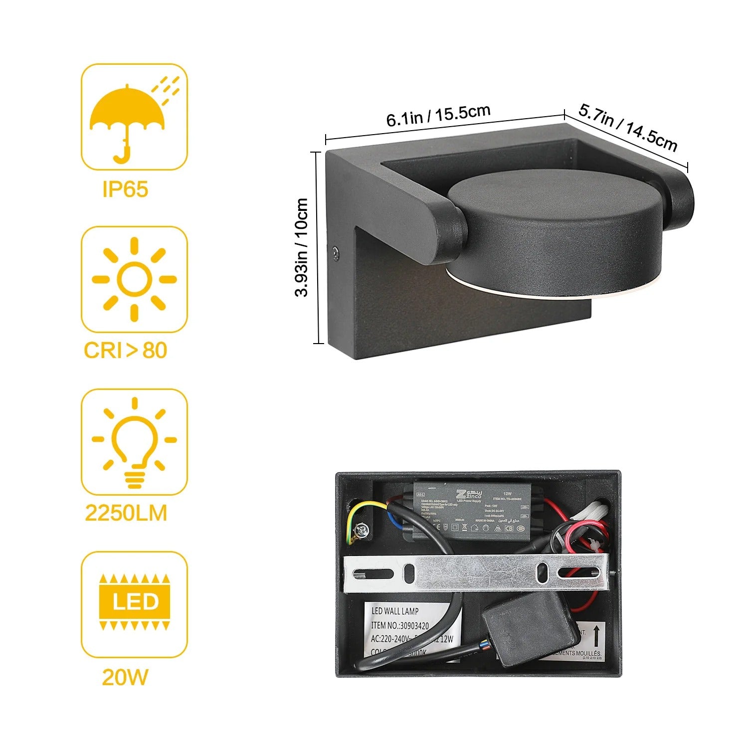 Moderne LED Wandlamp – 20W Binnen en Buiten – Draaibaar LED Paneel – Warm Wit 3000K – Zwart Aluminium – IP65