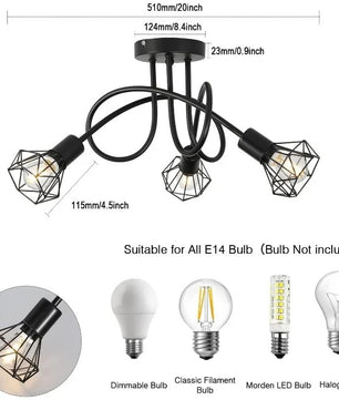 Industriële 3-Lichts Plafondlamp – Zwart Aluminium Kooi Ontwerp – E27 Fittingen – Moderne Plafondverlichting voor Keuken, Woonkamer en Hal