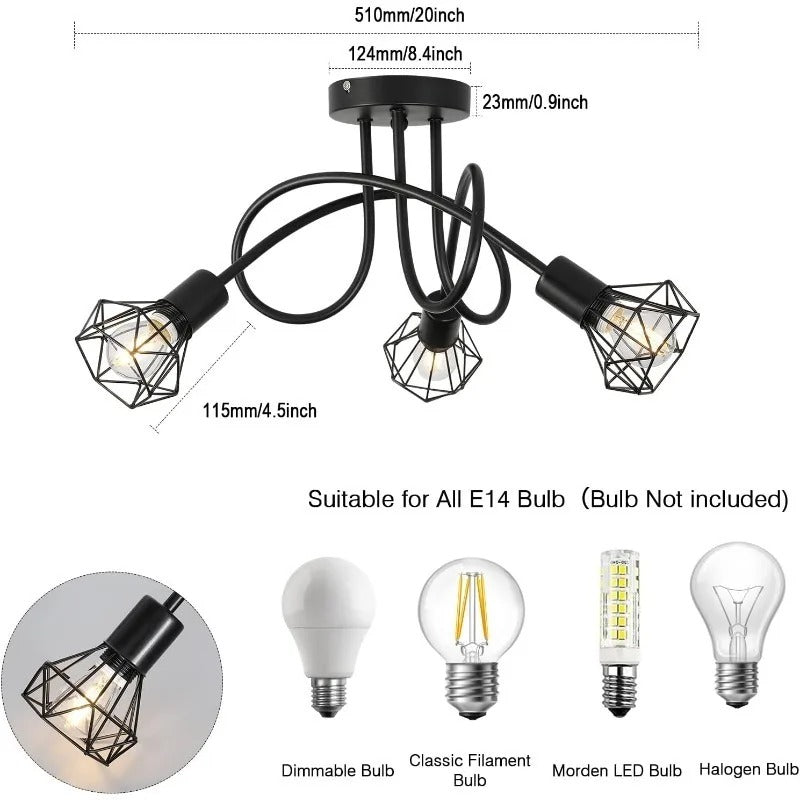 Industriële 3-Lichts Plafondlamp – Zwart Aluminium Kooi Ontwerp – E27 Fittingen – Moderne Plafondverlichting voor Keuken, Woonkamer en Hal