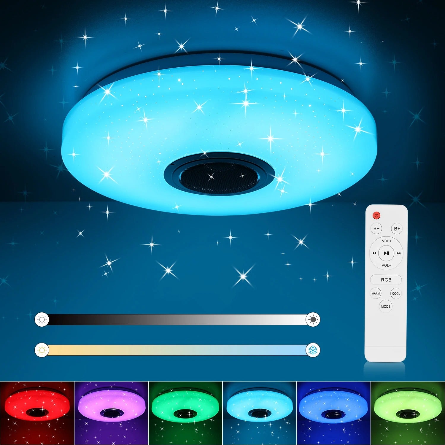 Moderne LED Plafondlamp met Bluetooth Speaker – Ø50 cm – 60W RGB en Dimbaar met Afstandsbediening en App – Sterrenhemel Effect voor Woonkamer en Slaapkamer