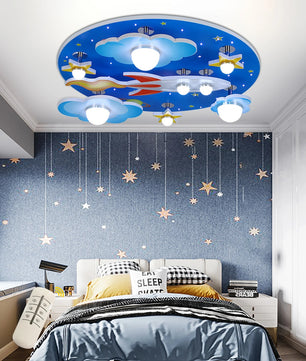 Kinderkamer LED Plafondlamp – Cartoon Ruimte Design Blauw – 35W Dimbaar met Afstandsbediening voor Slaap- en Speelkamer