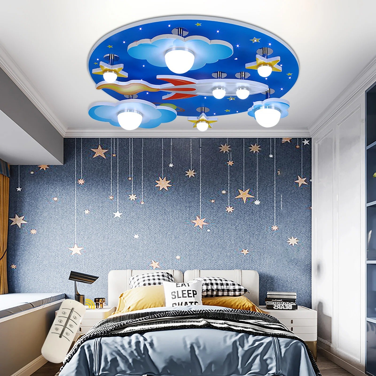 Kinderkamer LED Plafondlamp – Cartoon Ruimte Design Blauw – 35W Dimbaar met Afstandsbediening voor Slaap- en Speelkamer