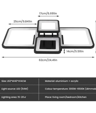 Moderne LED Plafondlamp – 54W Dimbaar Rechthoekig Design – Met Afstandsbediening en Instelbare Lichtkleur voor Woonkamer, Keuken en Slaapkamer