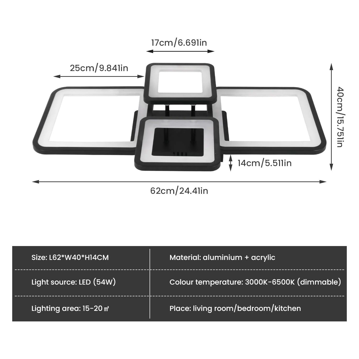 Moderne LED Plafondlamp – 54W Dimbaar Rechthoekig Design – Met Afstandsbediening en Instelbare Lichtkleur voor Woonkamer, Keuken en Slaapkamer