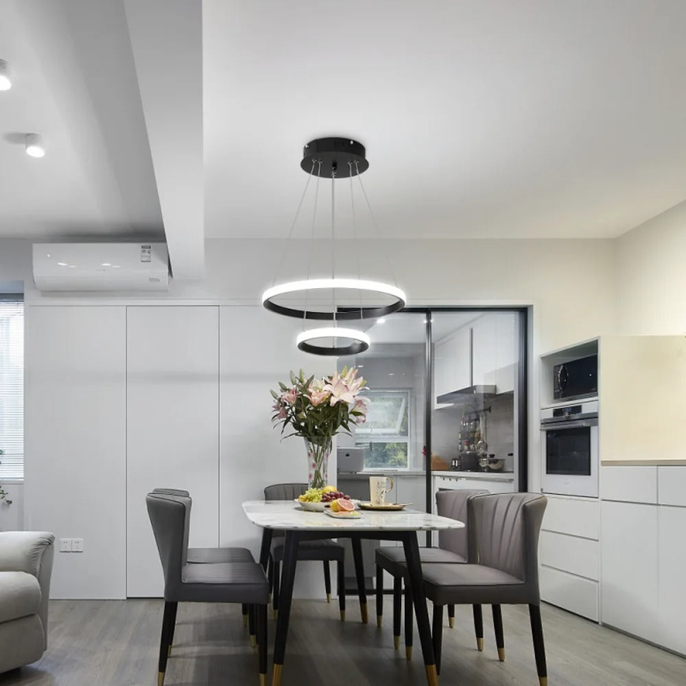 2-Ring Zwarte Hanglamp – Moderne LED Plafondlamp van Aluminium met Dubbele Ronde Ringen – 27W Koud Wit Licht 6500K voor Woonkamer en Eetkamer