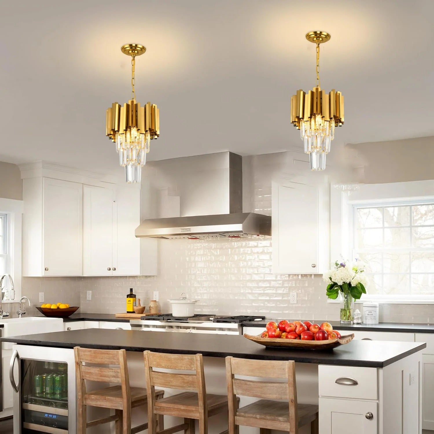 Gouden Kristallen Hanglamp – Moderne 3-lichts Plafondlamp van Metaal met K9 Kristallen en E14 Fittingen – Luxe Design voor Eetkamer, Keuken en Entree